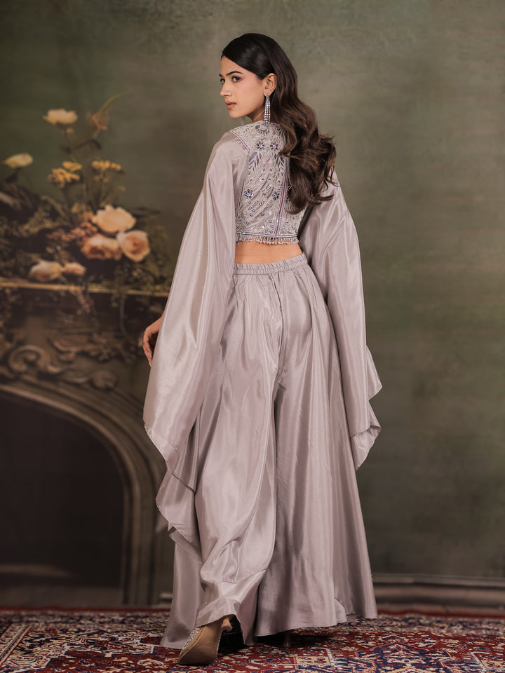 Silver Grey Satin Co-Ord Set with Intricate Embroidered Cape Sleeves & Wide-Leg Palazzo