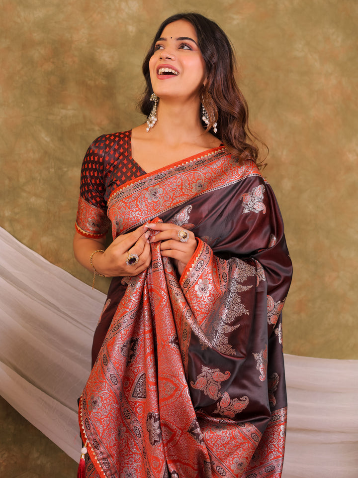 Chocolate Brown Kanjivaram Banarasi Satin Silk Saree with Rich Silver Zari Weaving, Designer Heritage Pallu & Tassel Detailing