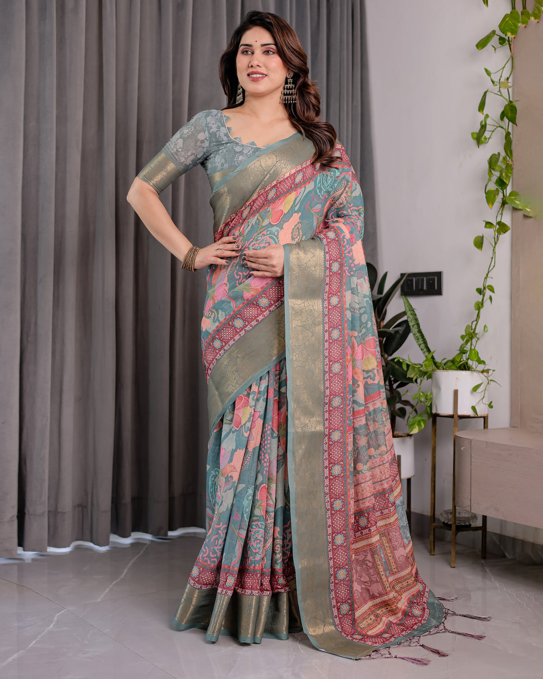Sage Green Handloom Linen Saree with Multicolor Mythical Elephant & Floral Printed Pallu | Zari Border | 5.5m Saree + 0.8m Blouse | Festive Tassel Finish
