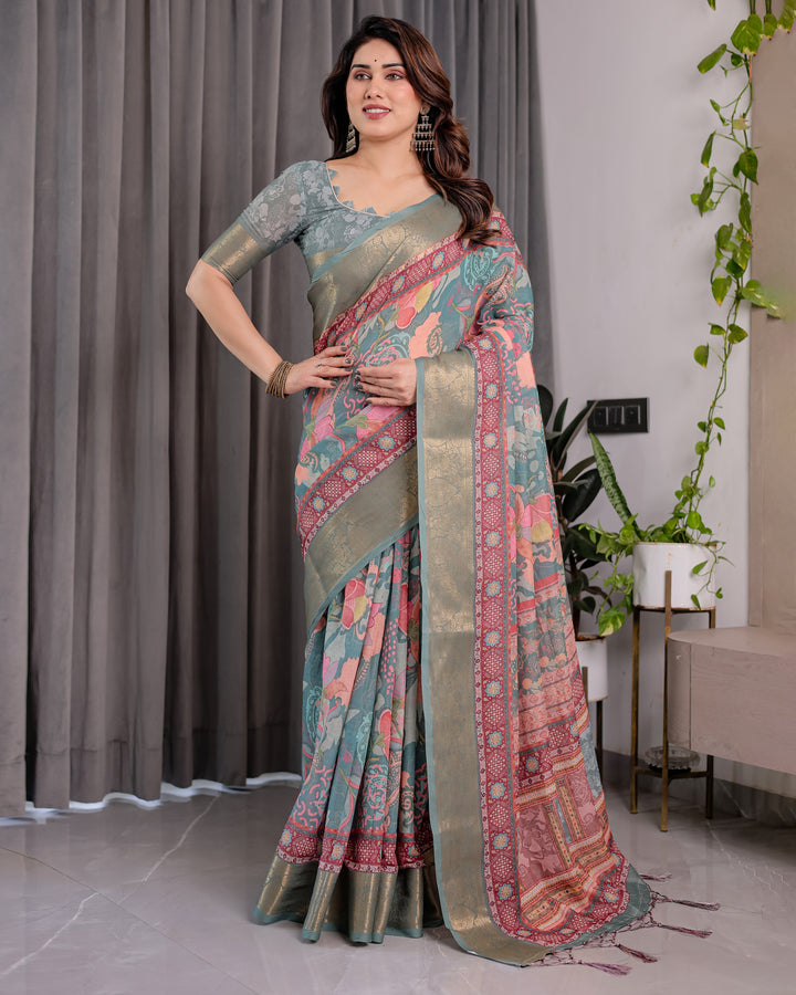 Sage Green Handloom Linen Saree with Multicolor Mythical Elephant & Floral Printed Pallu | Zari Border | 5.5m Saree + 0.8m Blouse | Festive Tassel Finish