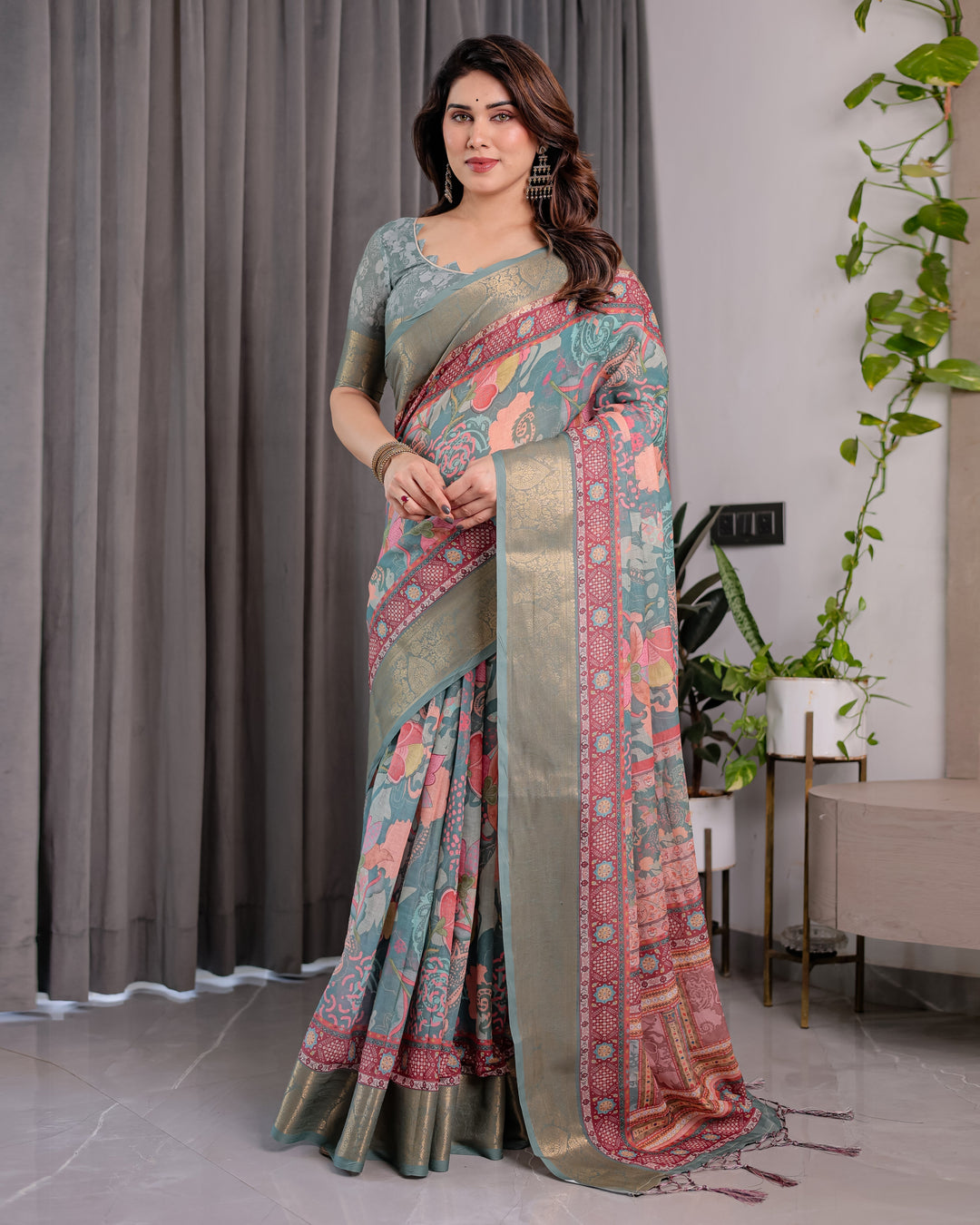 Sage Green Handloom Linen Saree with Multicolor Mythical Elephant & Floral Printed Pallu | Zari Border | 5.5m Saree + 0.8m Blouse | Festive Tassel Finish