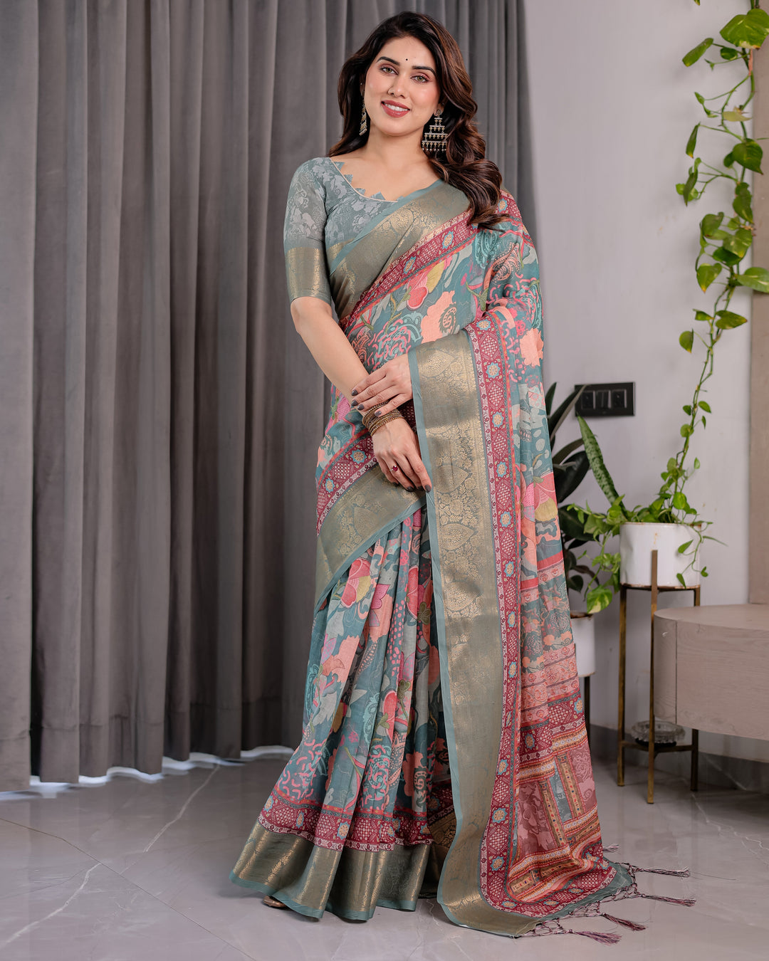 Sage Green Handloom Linen Saree with Multicolor Mythical Elephant & Floral Printed Pallu | Zari Border | 5.5m Saree + 0.8m Blouse | Festive Tassel Finish