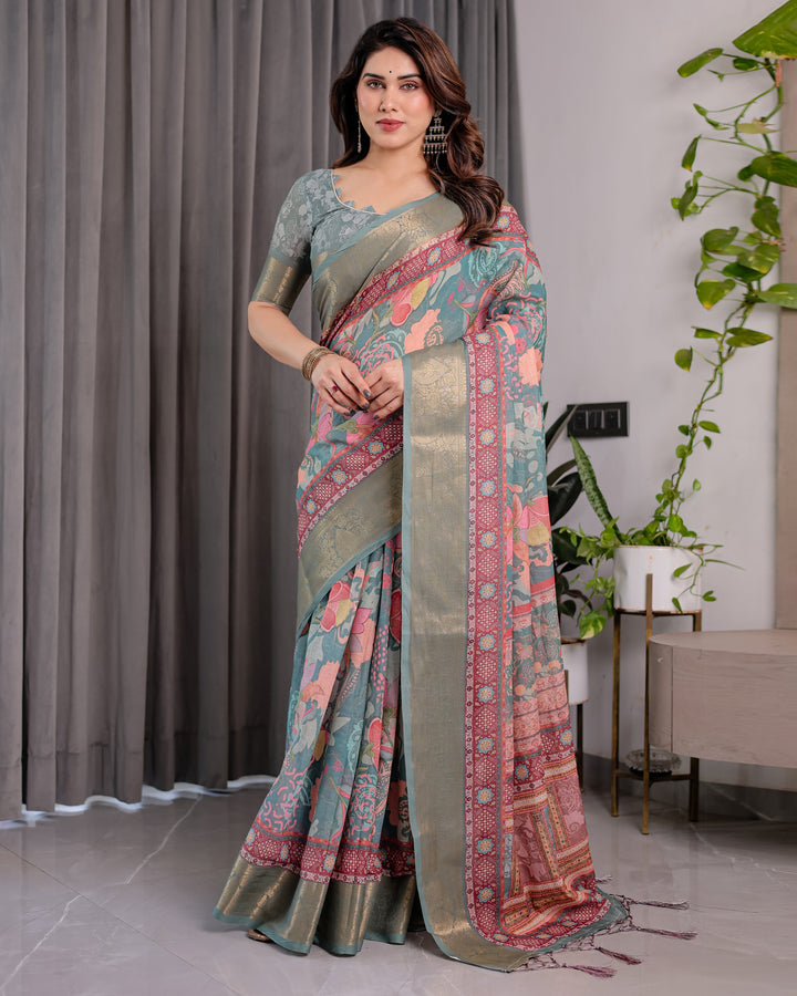 Sage Green Handloom Linen Saree with Multicolor Mythical Elephant & Floral Printed Pallu | Zari Border | 5.5m Saree + 0.8m Blouse | Festive Tassel Finish