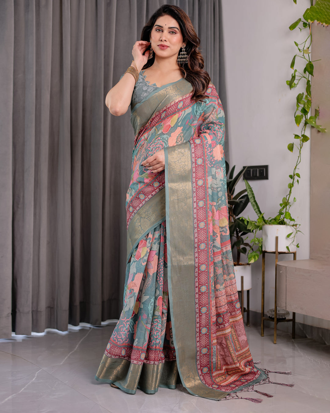 Sage Green Handloom Linen Saree with Multicolor Mythical Elephant & Floral Printed Pallu | Zari Border | 5.5m Saree + 0.8m Blouse | Festive Tassel Finish