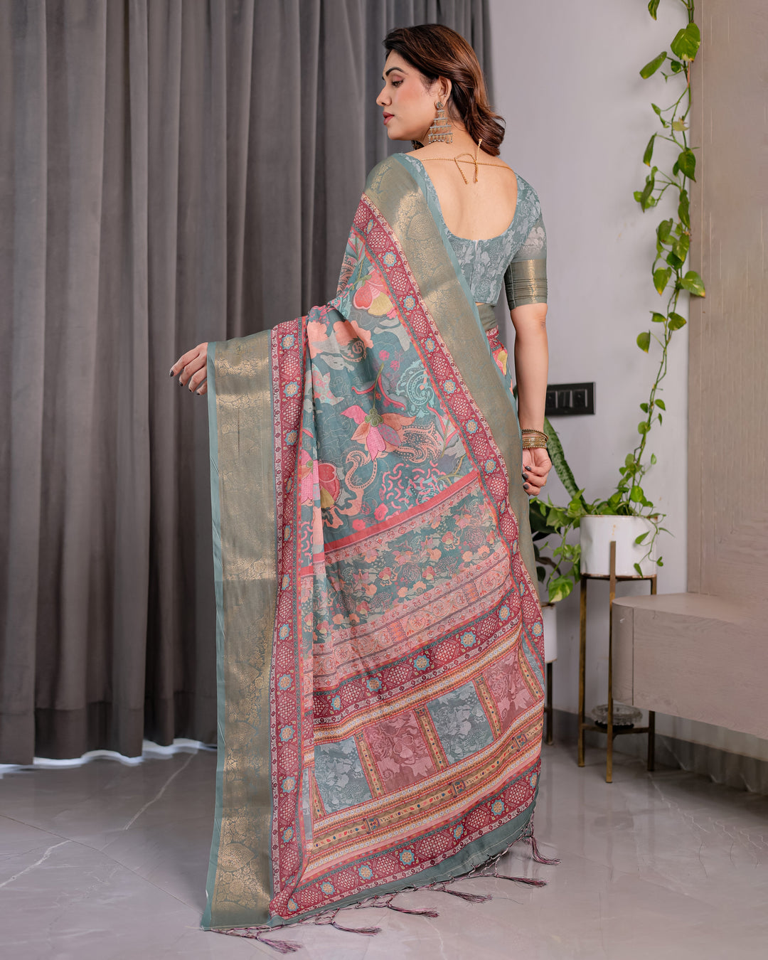 Sage Green Handloom Linen Saree with Multicolor Mythical Elephant & Floral Printed Pallu | Zari Border | 5.5m Saree + 0.8m Blouse | Festive Tassel Finish
