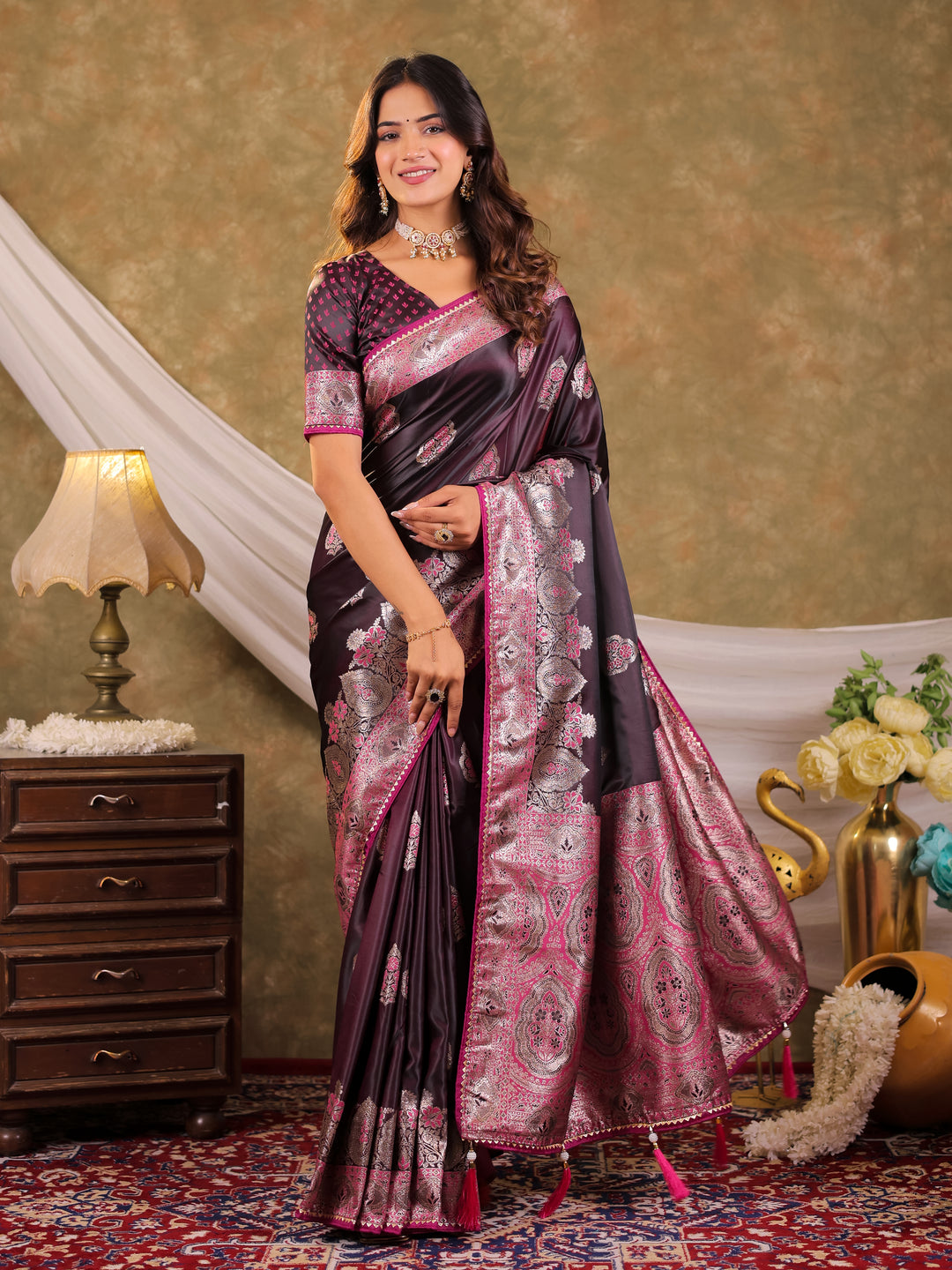 Wine Purple Kanjivaram Banarasi Satin Silk Saree with Rich Silver Zari Weaving, Royal Heritage Pallu & Tassel Detailing