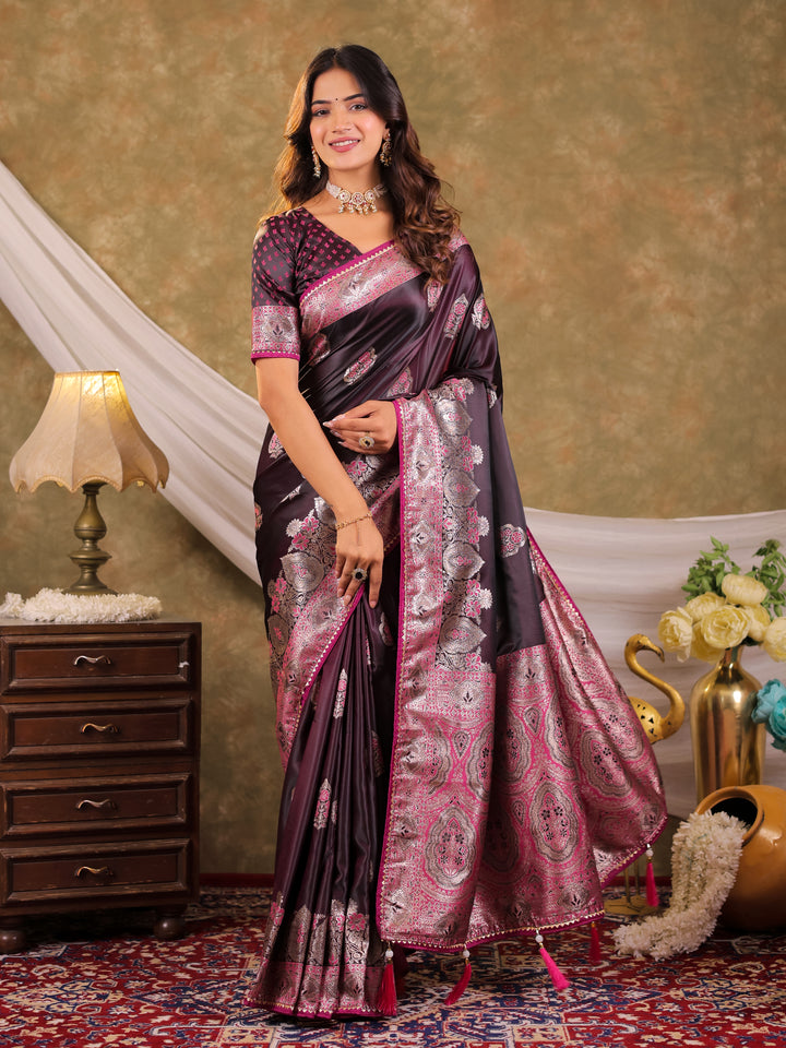 Wine Purple Kanjivaram Banarasi Satin Silk Saree with Rich Silver Zari Weaving, Royal Heritage Pallu & Tassel Detailing