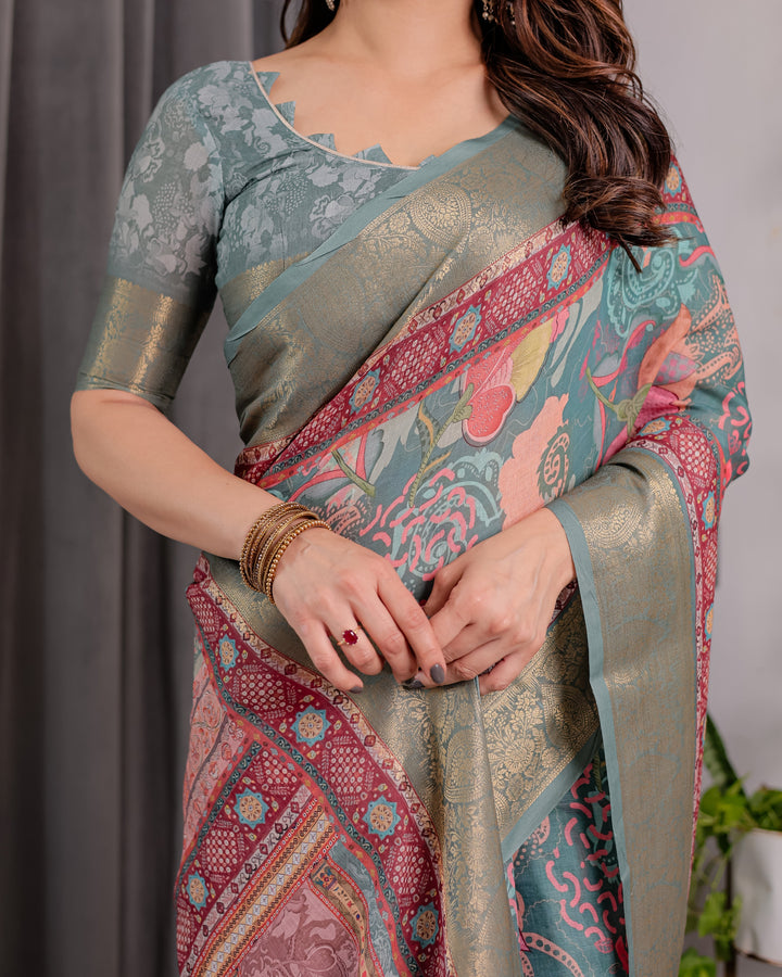 Sage Green Handloom Linen Saree with Multicolor Mythical Elephant & Floral Printed Pallu | Zari Border | 5.5m Saree + 0.8m Blouse | Festive Tassel Finish