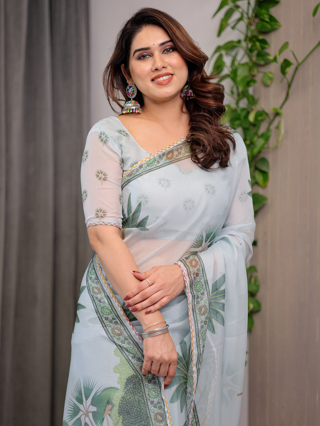 Pastel Mint Green Printed Organza Saree with Tropical Leaf Motifs | Designer Lightweight Sheer Organza Saree with Attached Blouse Piece | Elegant Festive & Day Party Saree