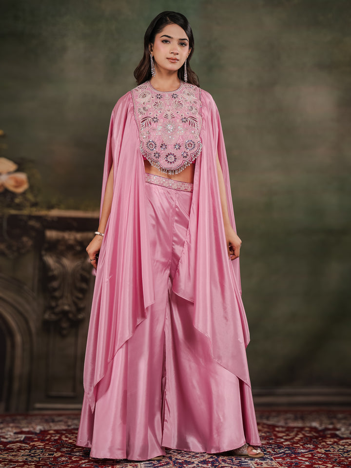 Candy Pink Satin Co-Ord Set with Intricate Embroidered Cape Sleeves & Wide-Leg Palazzo