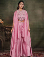 Candy Pink Satin Co-Ord Set with Intricate Embroidered Cape Sleeves & Wide-Leg Palazzo