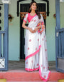 White Satin Georgette Designer Saree with Pink Mandala Prints & Floral Pallu | Handsfree Pallu Loop | Contrast Pink Blouse