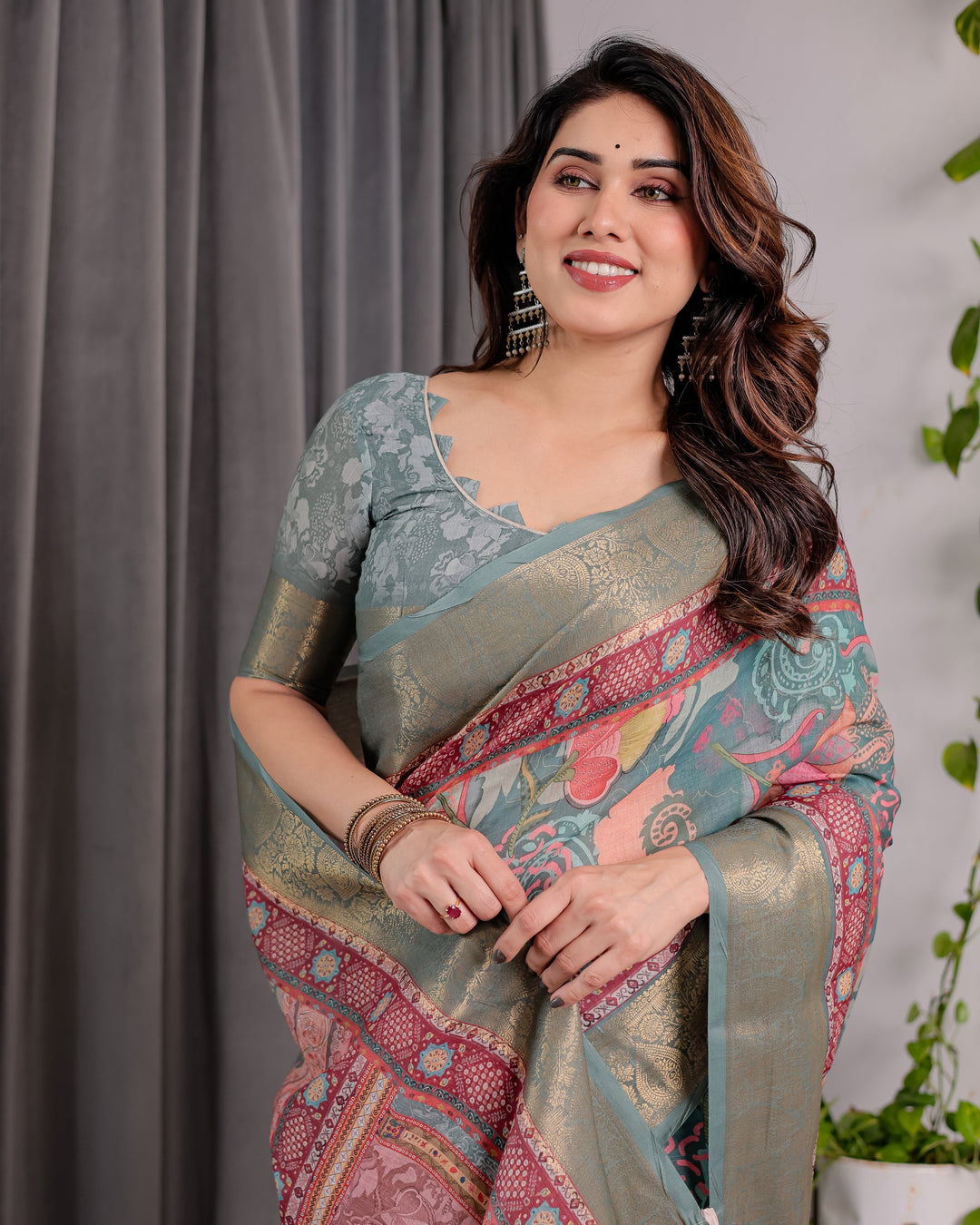Sage Green Handloom Linen Saree with Multicolor Mythical Elephant & Floral Printed Pallu | Zari Border | 5.5m Saree + 0.8m Blouse | Festive Tassel Finish