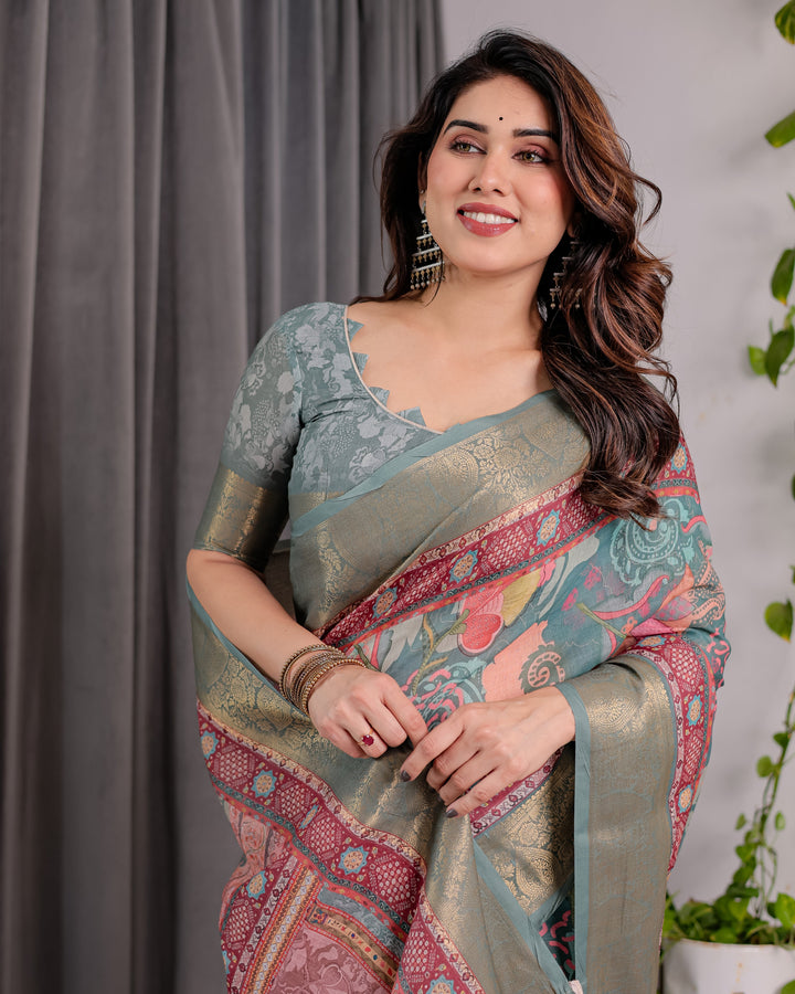 Sage Green Handloom Linen Saree with Multicolor Mythical Elephant & Floral Printed Pallu | Zari Border | 5.5m Saree + 0.8m Blouse | Festive Tassel Finish
