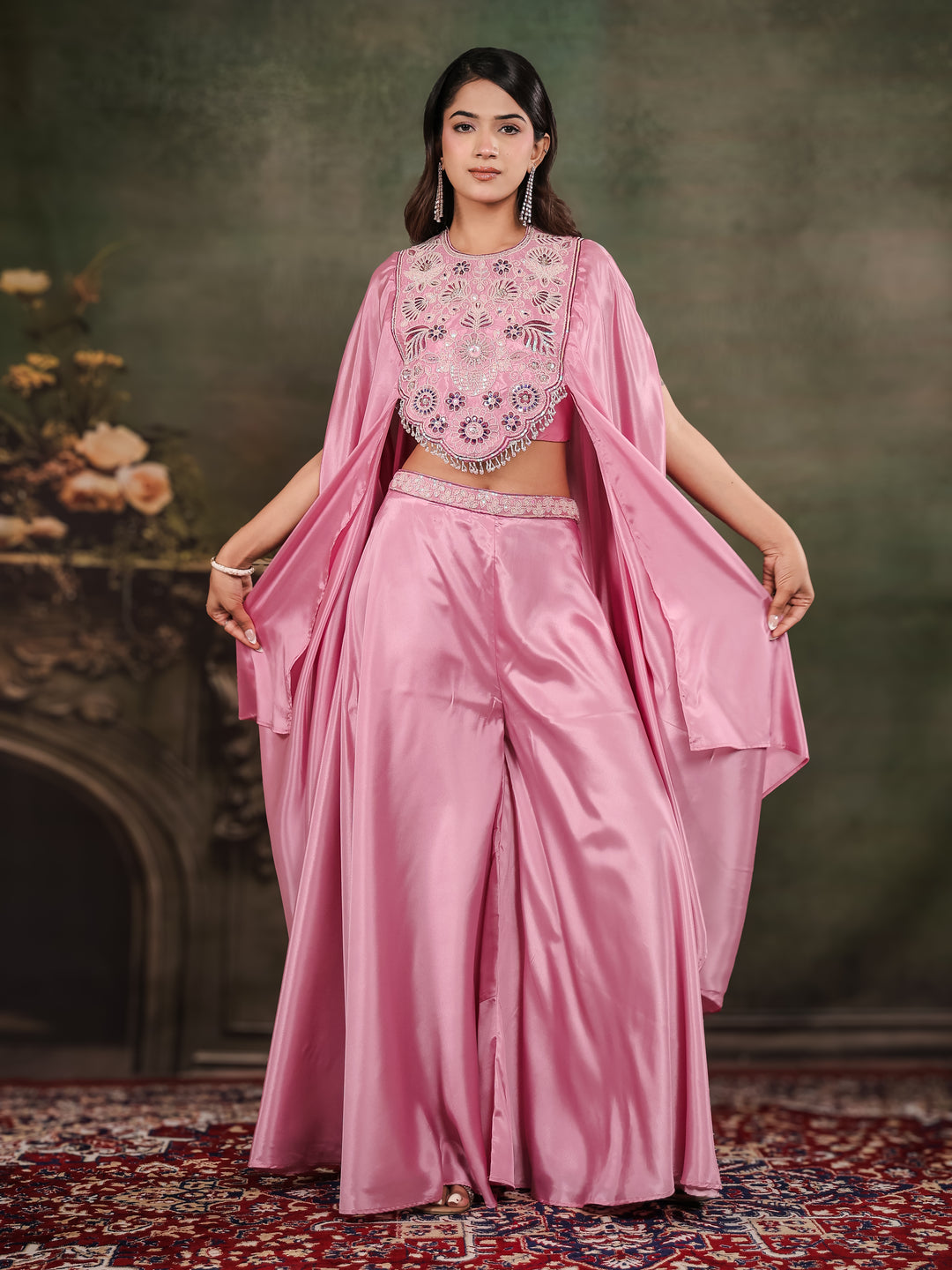 Candy Pink Satin Co-Ord Set with Intricate Embroidered Cape Sleeves & Wide-Leg Palazzo