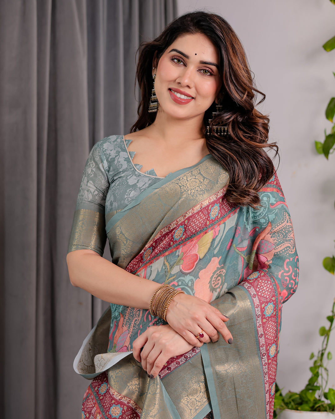 Sage Green Handloom Linen Saree with Multicolor Mythical Elephant & Floral Printed Pallu | Zari Border | 5.5m Saree + 0.8m Blouse | Festive Tassel Finish