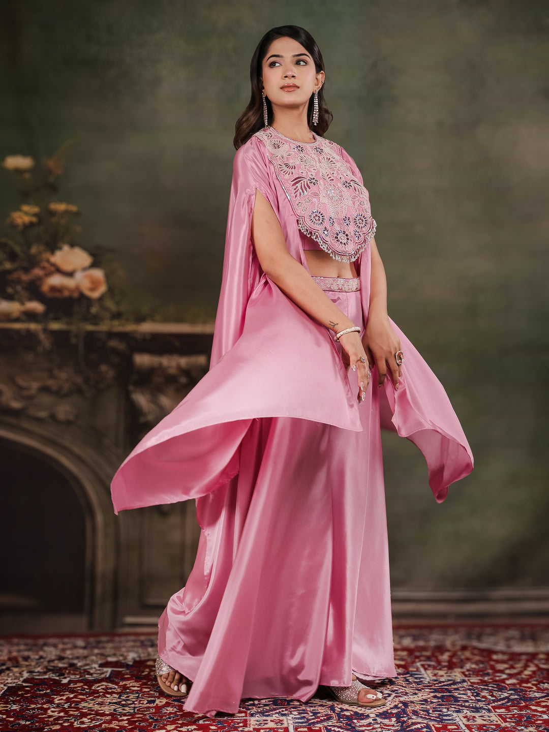 Candy Pink Satin Co-Ord Set with Intricate Embroidered Cape Sleeves & Wide-Leg Palazzo