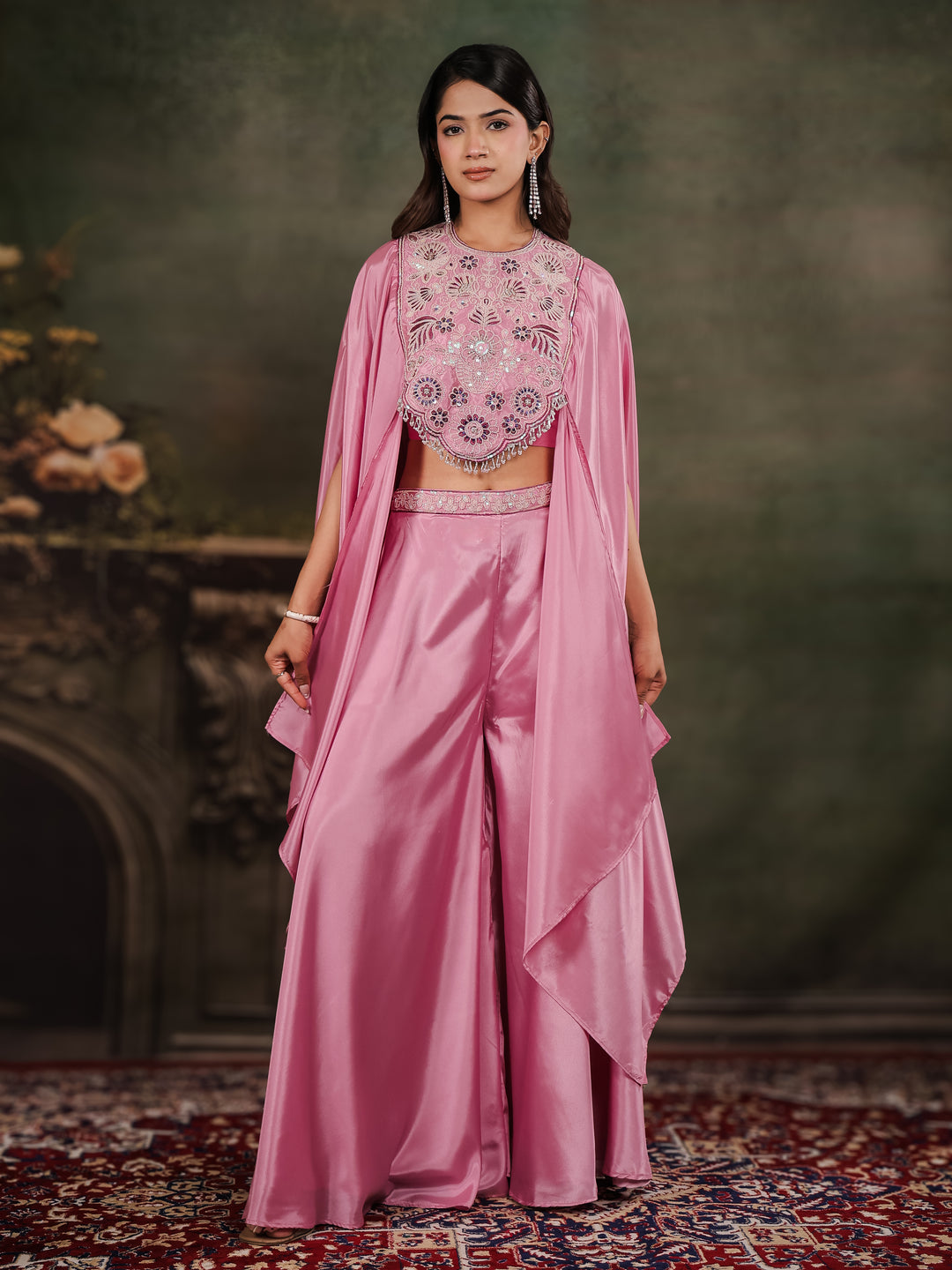 Candy Pink Satin Co-Ord Set with Intricate Embroidered Cape Sleeves & Wide-Leg Palazzo