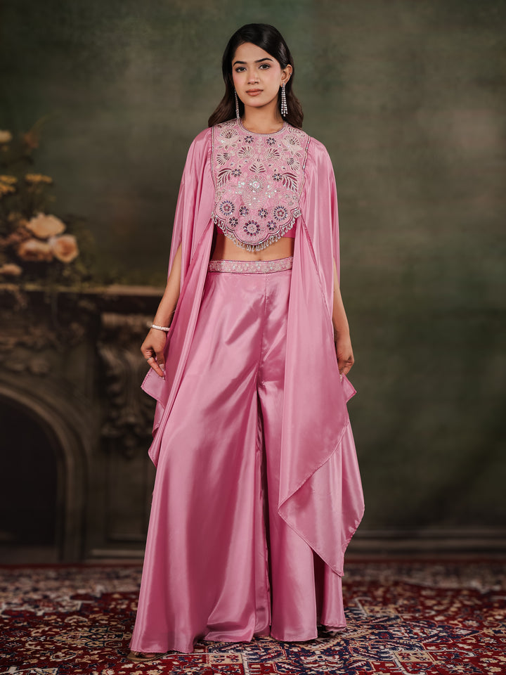 Candy Pink Satin Co-Ord Set with Intricate Embroidered Cape Sleeves & Wide-Leg Palazzo