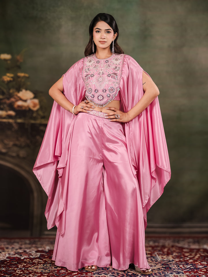 Candy Pink Satin Co-Ord Set with Intricate Embroidered Cape Sleeves & Wide-Leg Palazzo
