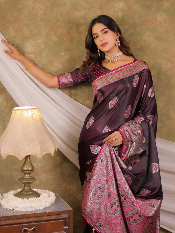 Wine Purple Kanjivaram Banarasi Satin Silk Saree with Rich Silver Zari Weaving, Royal Heritage Pallu & Tassel Detailing