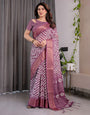 Plum Purple Handloom Linen Saree with Zigzag & Floral Motifs | Zari Border & Tassels | 5.5m Saree + 0.8m Blouse Piece