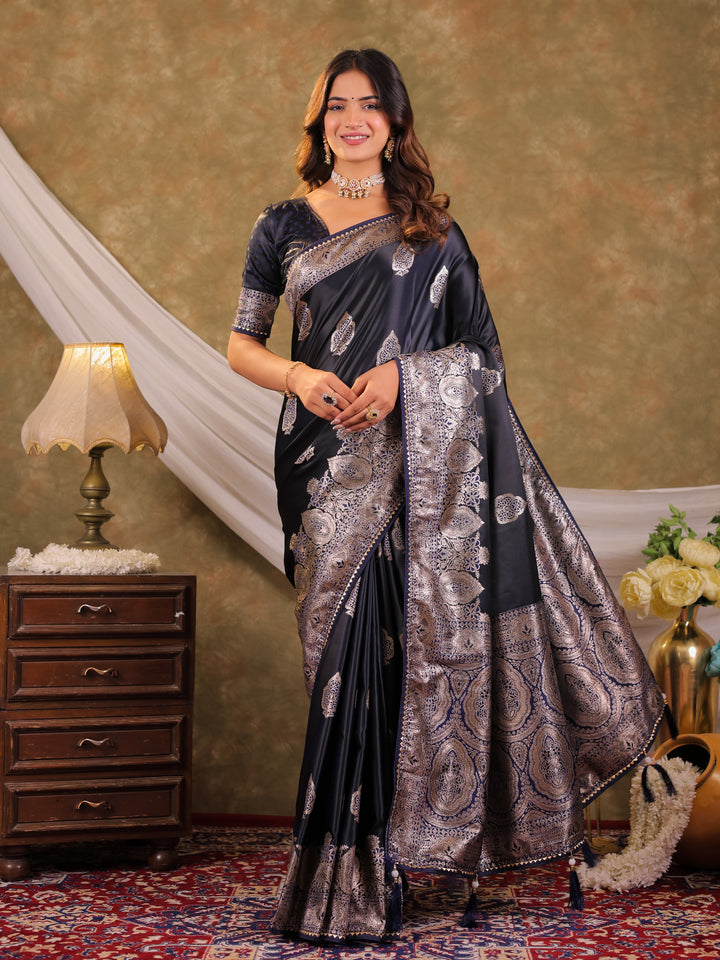 Dark Navy Blue Kanjivaram Banarasi Satin Silk Saree with Rich Silver Zari Weaving, Royal Heritage Pallu & Tassel Detailing