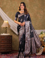 Dark Navy Blue Kanjivaram Banarasi Satin Silk Saree with Rich Silver Zari Weaving, Royal Heritage Pallu & Tassel Detailing