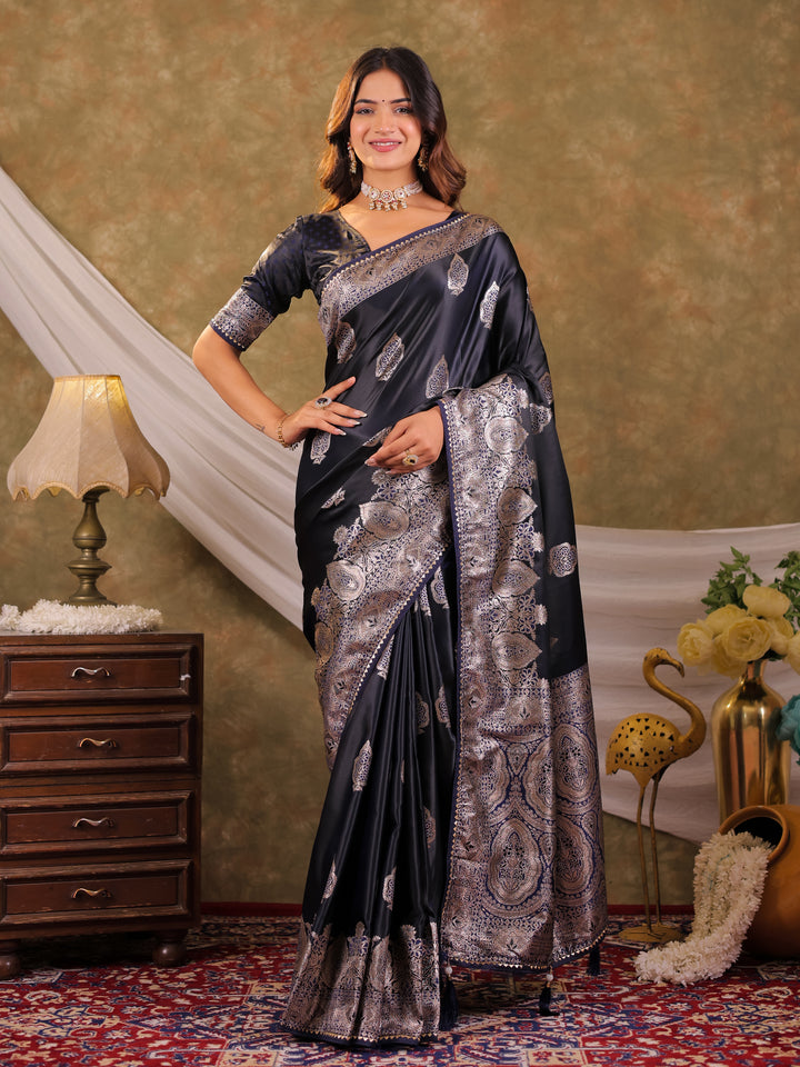 Dark Navy Blue Kanjivaram Banarasi Satin Silk Saree with Rich Silver Zari Weaving, Royal Heritage Pallu & Tassel Detailing