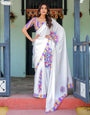 White Satin Georgette Designer Saree with Lotus Mandala Prints & Multicolor Striped Blouse | Handsfree Pallu Loop