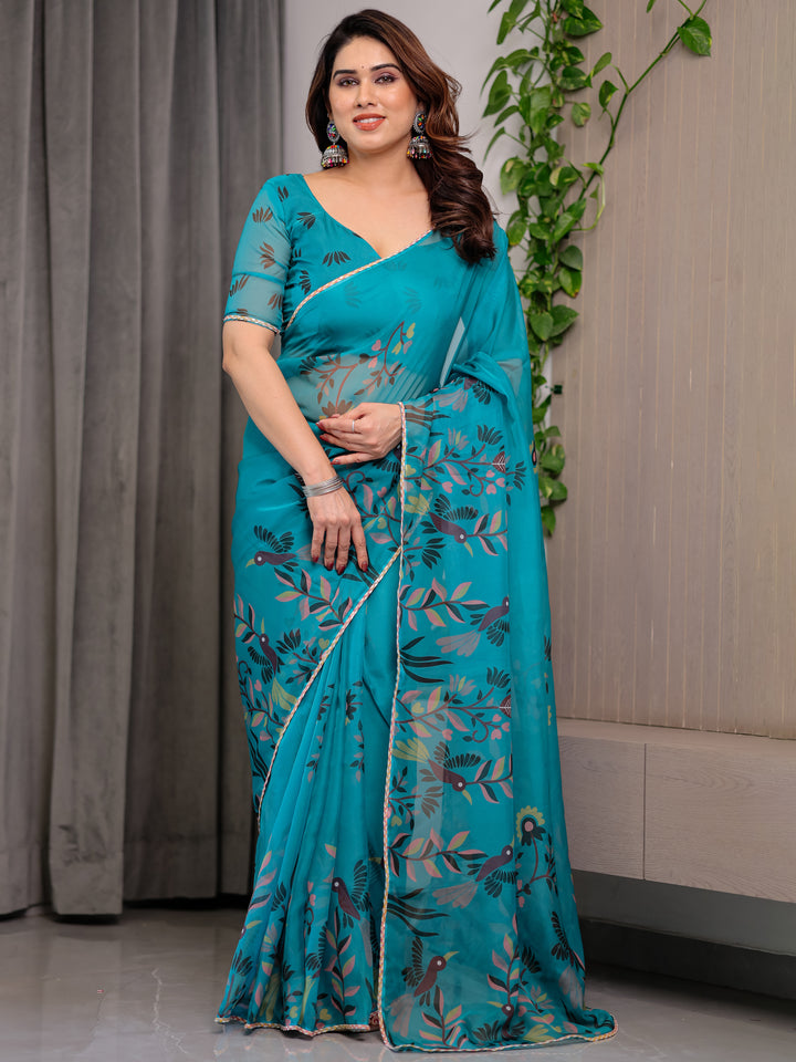 Teal Green Printed Organza Saree with Floral & Bird Motifs and Multicolour Lace Border | Designer Lightweight Organza Saree with Attached Blouse Piece | Elegant Festive & Party Wear Saree