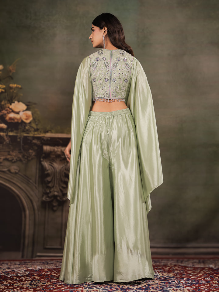 Sage Green Satin Co-Ord Set with Intricate Embroidered Cape Sleeves & Wide-Leg Palazzo