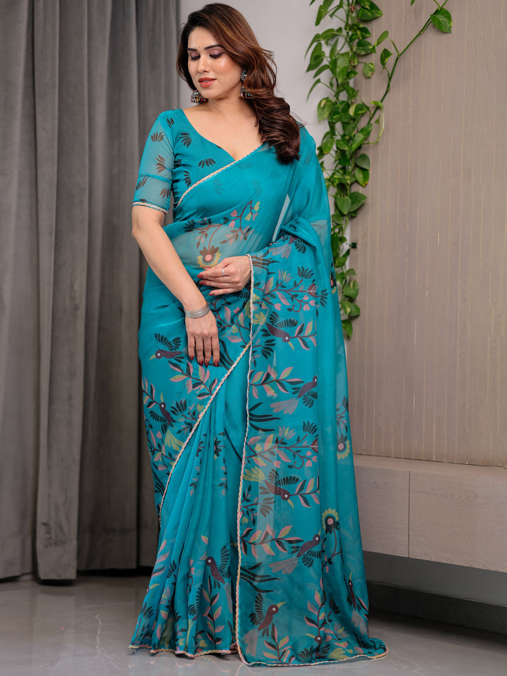 Teal Green Printed Organza Saree with Floral & Bird Motifs and Multicolour Lace Border | Designer Lightweight Organza Saree with Attached Blouse Piece | Elegant Festive & Party Wear Saree