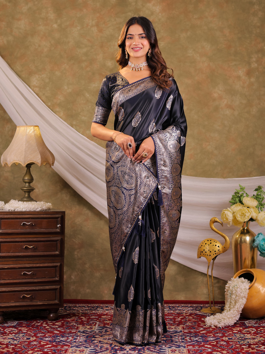 Dark Navy Blue Kanjivaram Banarasi Satin Silk Saree with Rich Silver Zari Weaving, Royal Heritage Pallu & Tassel Detailing