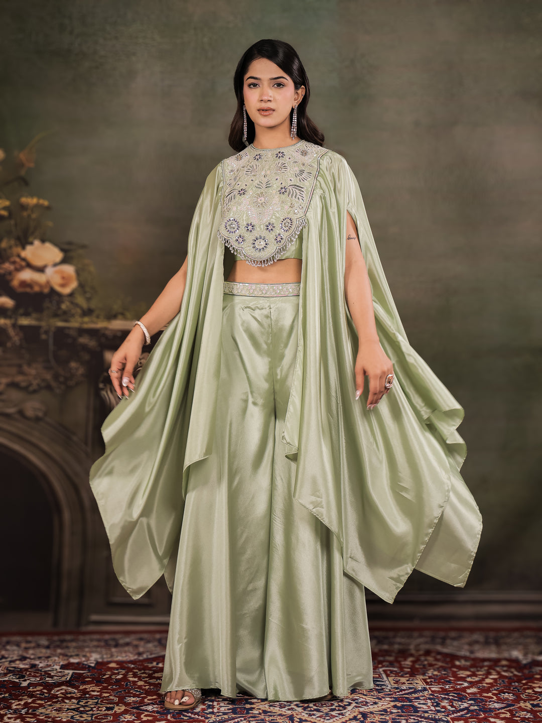 Sage Green Satin Co-Ord Set with Intricate Embroidered Cape Sleeves & Wide-Leg Palazzo