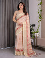 Blush Beige Handloom Linen Saree with Zigzag Weave & Floral Pallu | Zari Border & Tassels | 5.5m Saree + 0.8m Blouse