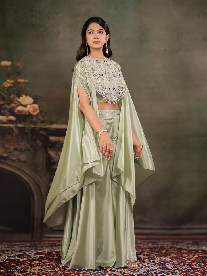 Sage Green Satin Co-Ord Set with Intricate Embroidered Cape Sleeves & Wide-Leg Palazzo