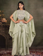 Sage Green Satin Co-Ord Set with Intricate Embroidered Cape Sleeves & Wide-Leg Palazzo