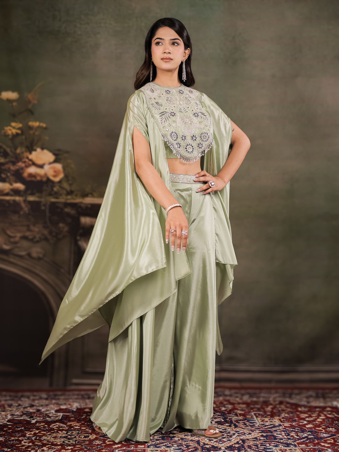 Sage Green Satin Co-Ord Set with Intricate Embroidered Cape Sleeves & Wide-Leg Palazzo