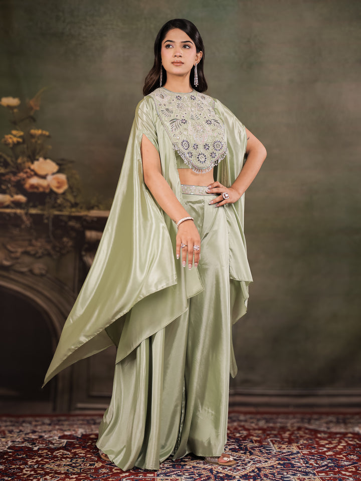 Sage Green Satin Co-Ord Set with Intricate Embroidered Cape Sleeves & Wide-Leg Palazzo