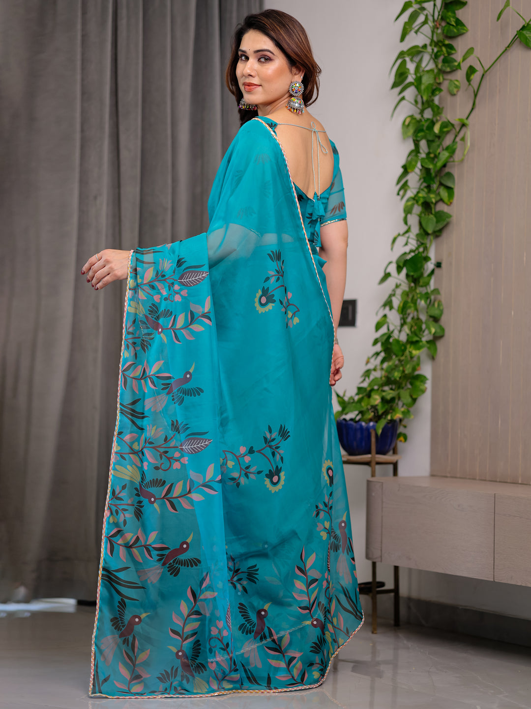 Teal Green Printed Organza Saree with Floral & Bird Motifs and Multicolour Lace Border | Designer Lightweight Organza Saree with Attached Blouse Piece | Elegant Festive & Party Wear Saree