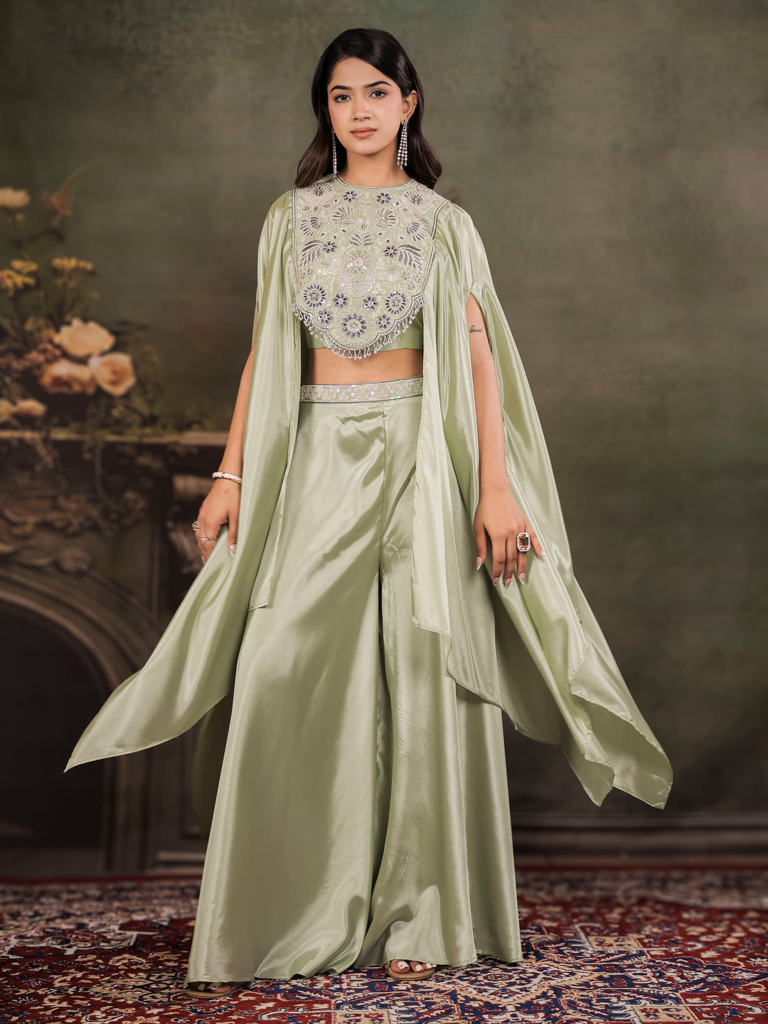 Sage Green Satin Co-Ord Set with Intricate Embroidered Cape Sleeves & Wide-Leg Palazzo