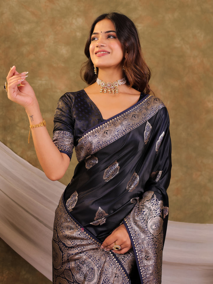 Dark Navy Blue Kanjivaram Banarasi Satin Silk Saree with Rich Silver Zari Weaving, Royal Heritage Pallu & Tassel Detailing