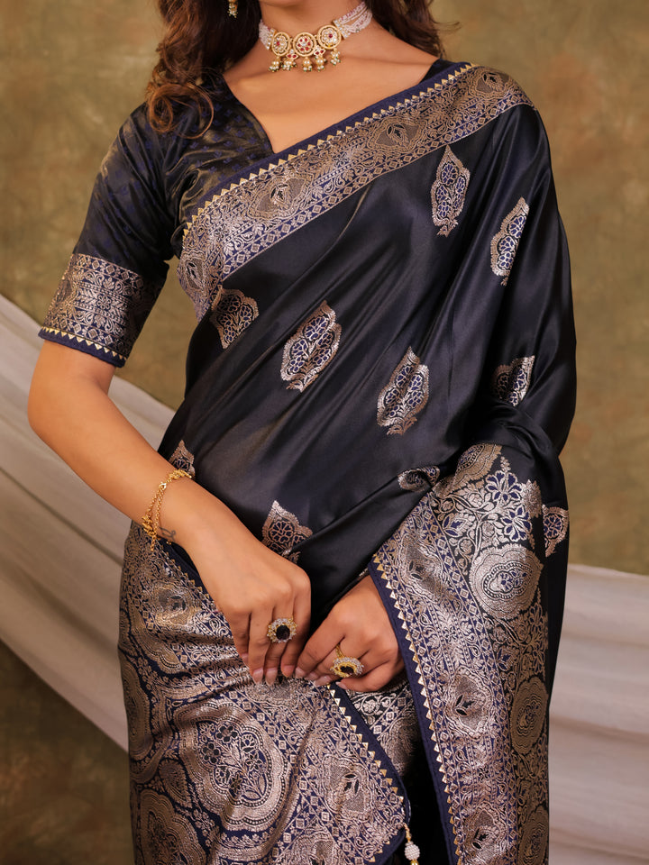Dark Navy Blue Kanjivaram Banarasi Satin Silk Saree with Rich Silver Zari Weaving, Royal Heritage Pallu & Tassel Detailing