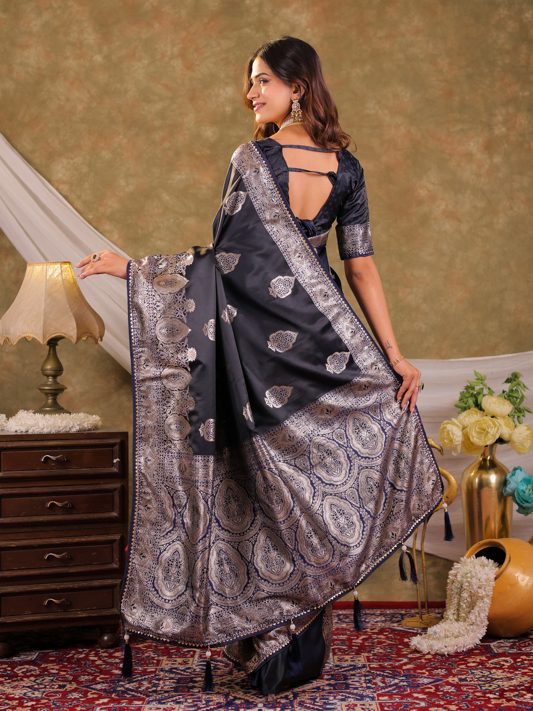 Dark Navy Blue Kanjivaram Banarasi Satin Silk Saree with Rich Silver Zari Weaving, Royal Heritage Pallu & Tassel Detailing