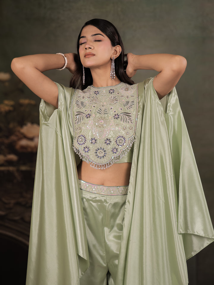 Sage Green Satin Co-Ord Set with Intricate Embroidered Cape Sleeves & Wide-Leg Palazzo