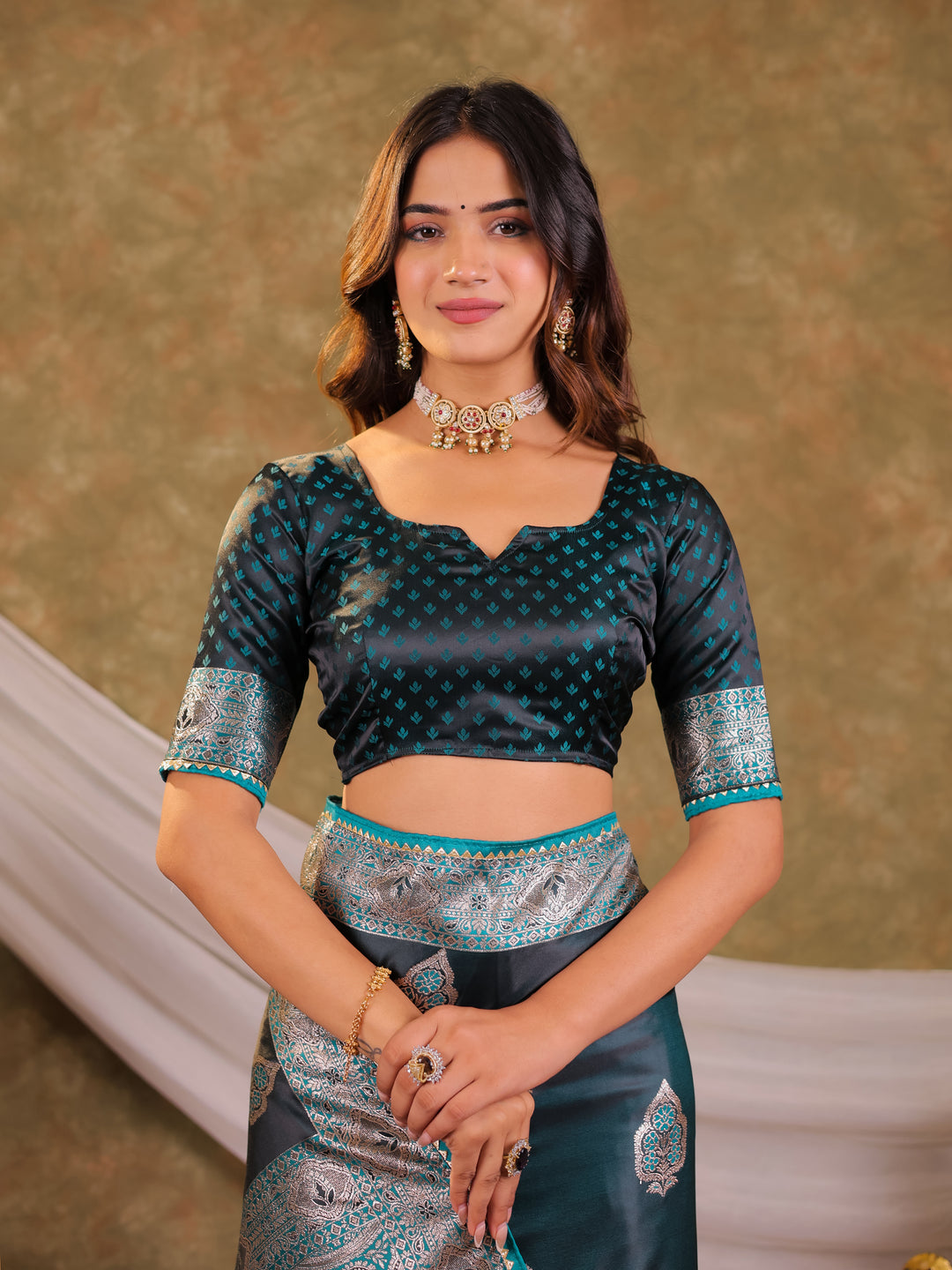 Dark Teal Green Kanjivaram Banarasi Satin Silk Saree with Rich Silver Zari Weaving, Royal Heritage Pallu & Tassel Detailing