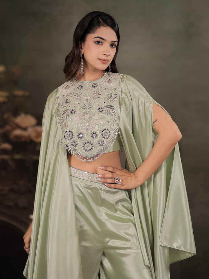 Sage Green Satin Co-Ord Set with Intricate Embroidered Cape Sleeves & Wide-Leg Palazzo
