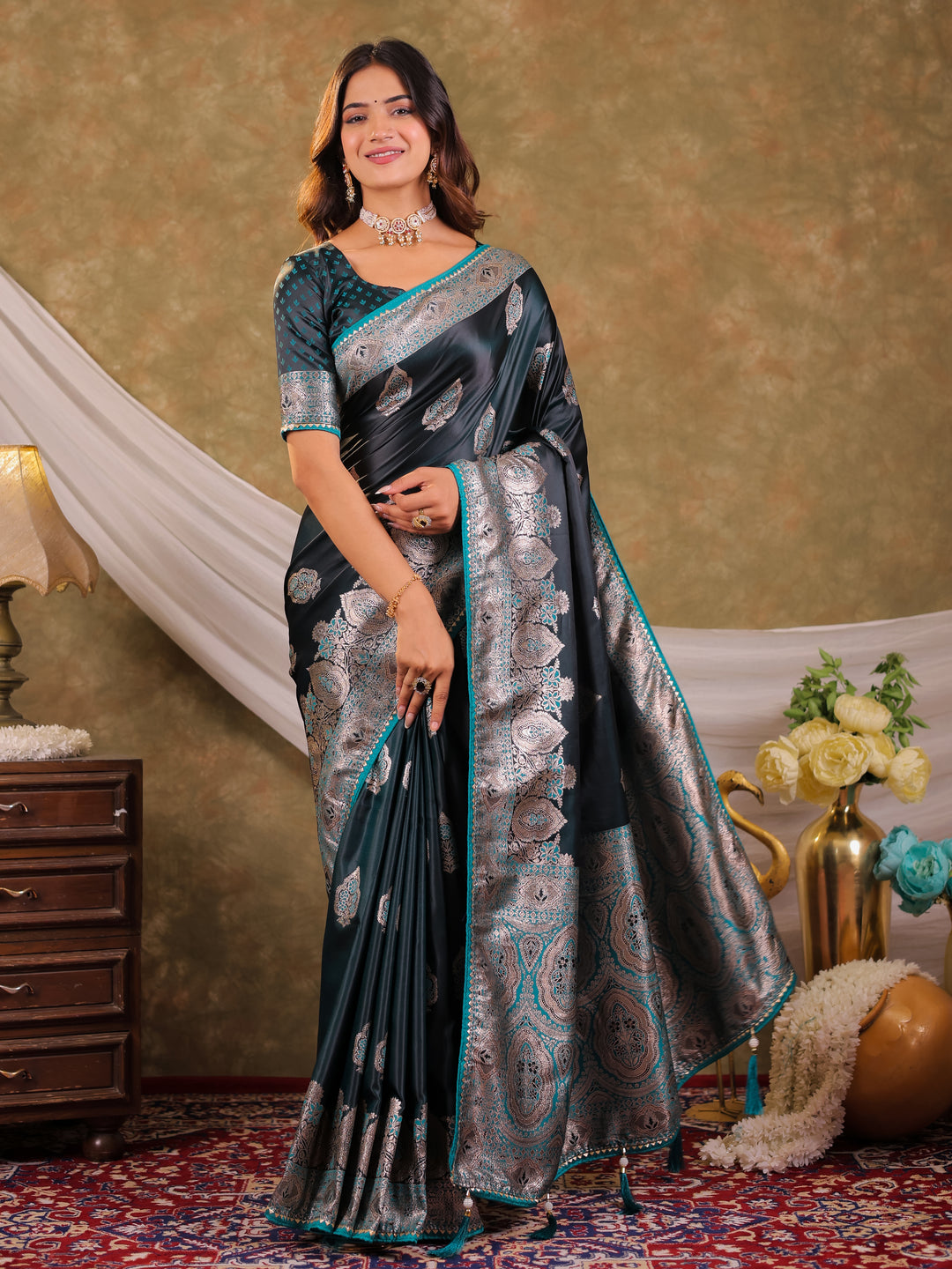 Dark Teal Green Kanjivaram Banarasi Satin Silk Saree with Rich Silver Zari Weaving, Royal Heritage Pallu & Tassel Detailing
