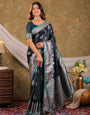 Dark Teal Green Kanjivaram Banarasi Satin Silk Saree with Rich Silver Zari Weaving, Royal Heritage Pallu & Tassel Detailing